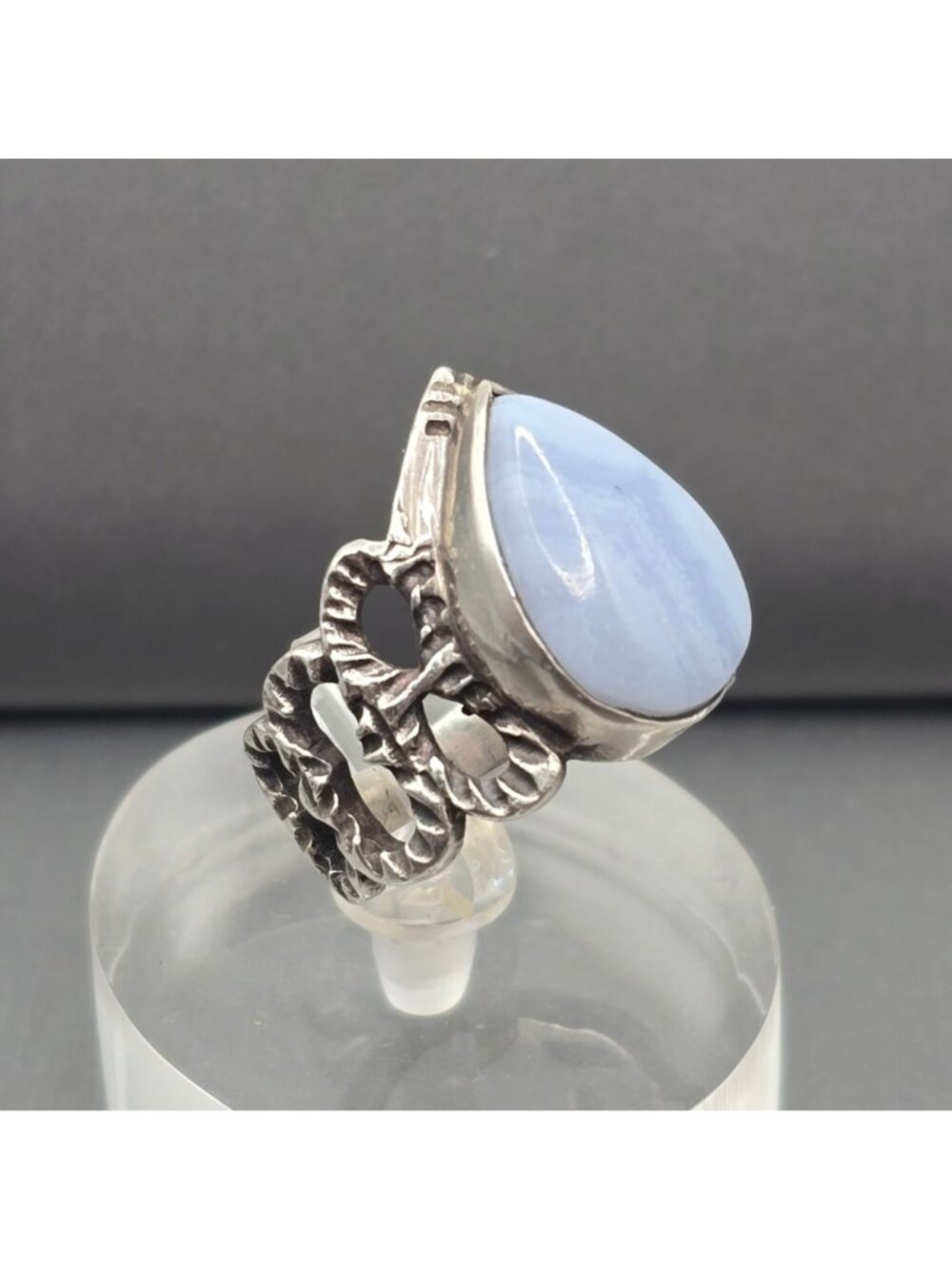 Vintage Sterling Silver Blue Lace Agate Ring Size 6.5 Brutalist Open Link Band - Picture 13 of 13